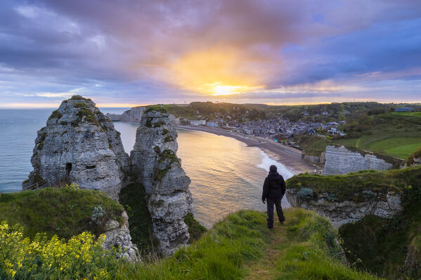 View of the cliffs of Etretat at sunrise, Octeville sur Mer, Le Havre, Seine Maritime, Normandy, France, Western Europe.