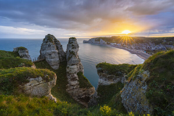 View of the cliffs of Etretat at sunrise, Octeville sur Mer, Le Havre, Seine Maritime, Normandy, France, Western Europe.