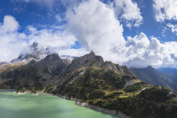 Aerial view of the artificial lake of Barbellino. Valbondione, Seriana Valley, Lombardy, Bergamo province, Italy.