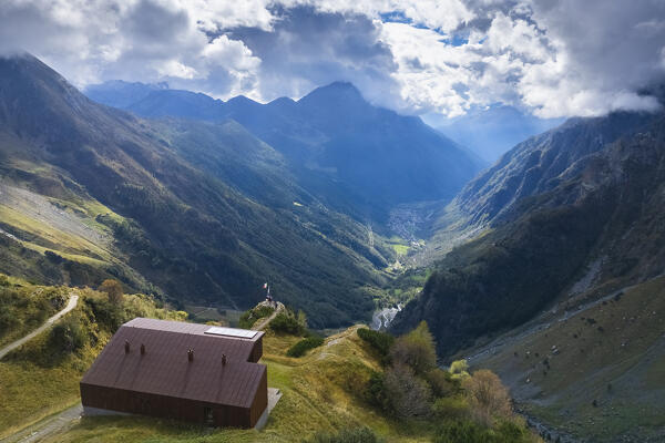 Aerial view of the hostel at Curò towards Valbondione valley. Valbondione, Seriana Valley, Lombardy, Bergamo province, Italy.