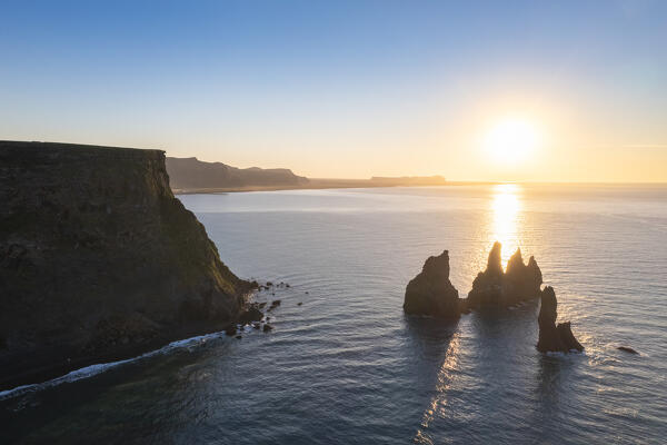 Aerial view of a sunrise at Reynisfjara beach, Vík í Mýrdal, Southern Iceland, Iceland, Northern Europe.
