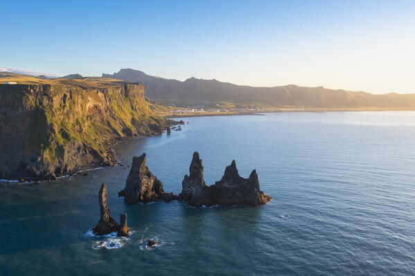 Aerial view of a sunrise at Reynisfjara beach, Vík í Mýrdal, Southern Iceland, Iceland, Northern Europe.