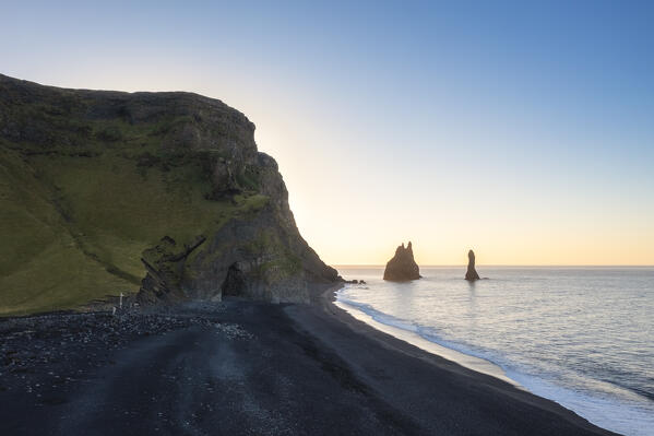 Aerial view of a sunrise at Reynisfjara beach, Vík í Mýrdal, Southern Iceland, Iceland, Northern Europe.