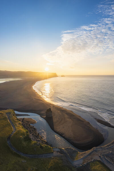 Aerial view of a sunrise at Reynisfjara beach, Vík í Mýrdal, Southern Iceland, Iceland, Northern Europe.