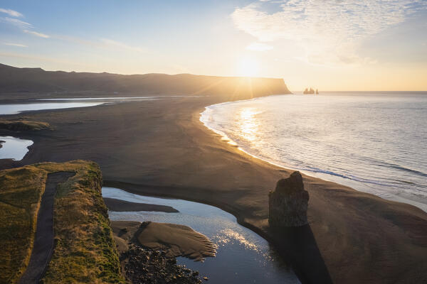 Aerial view of a sunrise at Reynisfjara beach, Vík í Mýrdal, Southern Iceland, Iceland, Northern Europe.