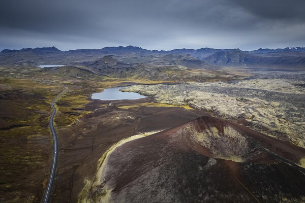 Aerial view of and old volcano crater near Stykkishólmur. Snæfellsnes Peninsula, Iceland, Northern Europe.