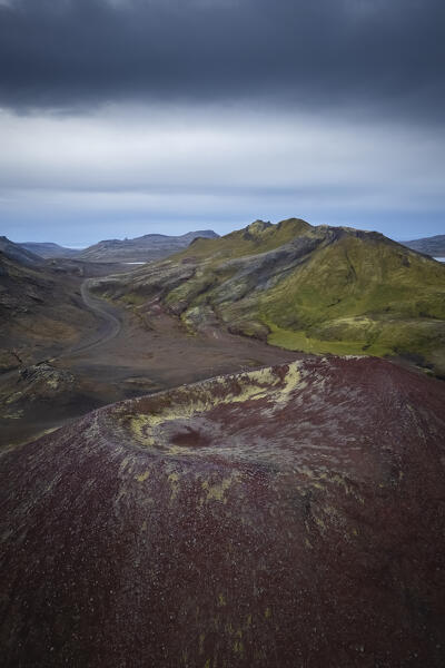 Aerial view of and old volcano crater near Stykkishólmur. Snæfellsnes Peninsula, Iceland, Northern Europe.