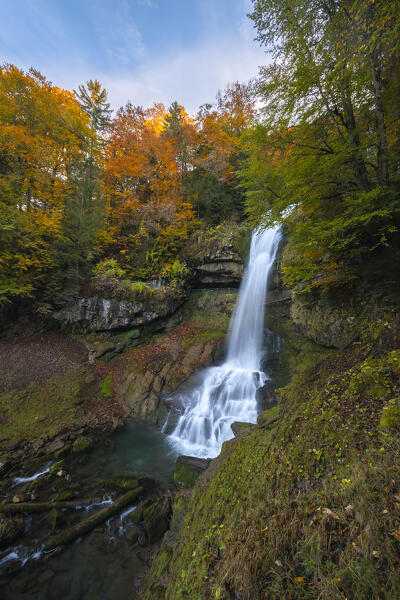 View of the Giessbach waterfalls in autumn. Iseltwald, Lake Brienz, Bernese Oberland, Interlaken-Oberhasli district, Canton of Bern, Switzerland.