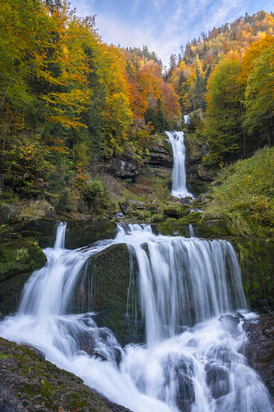 View of the Giessbach waterfalls in autumn. Iseltwald, Lake Brienz, Bernese Oberland, Interlaken-Oberhasli district, Canton of Bern, Switzerland.