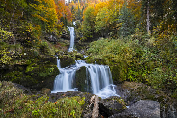 View of the Giessbach waterfalls in autumn. Iseltwald, Lake Brienz, Bernese Oberland, Interlaken-Oberhasli district, Canton of Bern, Switzerland.