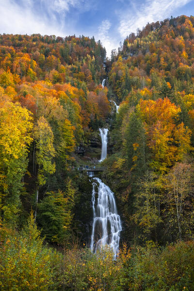 View of the Giessbach waterfalls in autumn. Iseltwald, Lake Brienz, Bernese Oberland, Interlaken-Oberhasli district, Canton of Bern, Switzerland.