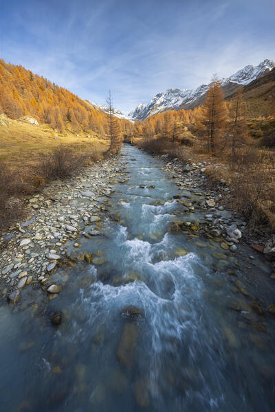 View of the Lotschental valley in autumn. Bernese Alps, canton of Valais, Switzerland.