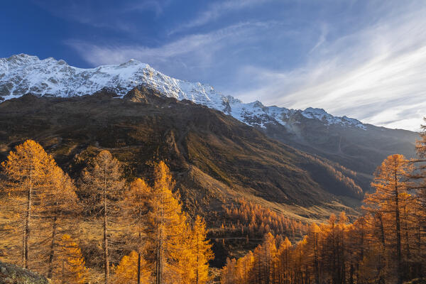 View of the Lotschental valley in autumn at sunset. Bernese Alps, canton of Valais, Switzerland.