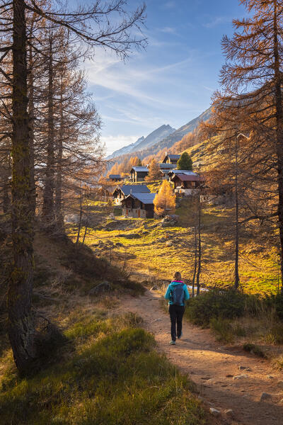 View of the Lotschental valley in autumn at sunset. Bernese Alps, canton of Valais, Switzerland (MR)