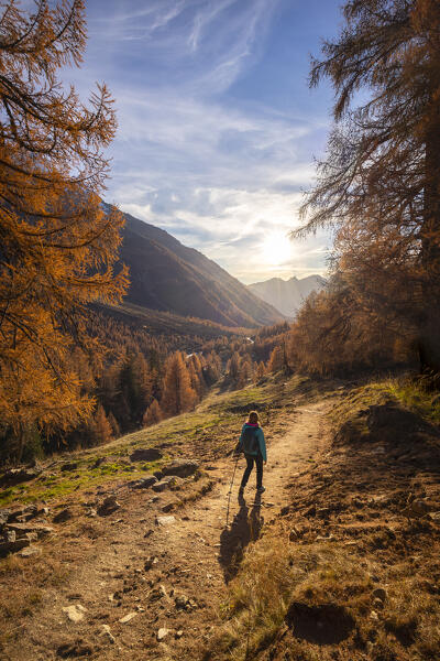 View of the Lotschental valley in autumn at sunset. Bernese Alps, canton of Valais, Switzerland.