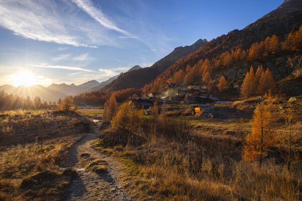View of the Lotschental valley in autumn at sunset. Bernese Alps, canton of Valais, Switzerland.