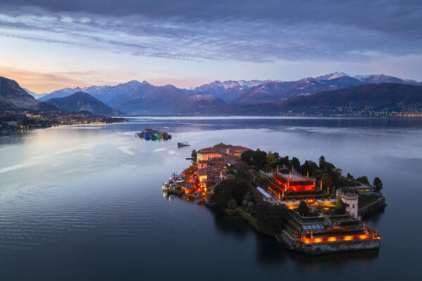 Aerial view of the Borromean Islands illuminated for the 