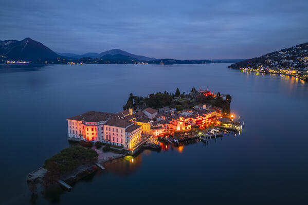 Aerial view of the Borromean Islands illuminated for the 