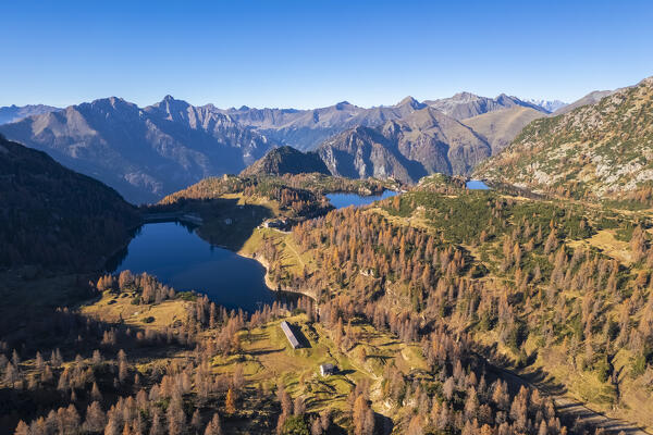 Aerial view of Lago Piano Casere, Lago Marcio and Lago del Becco in autumn. Branzi, Val Brembana, Alpi Orobie, Bergamo, Bergamo Province, Lombardy, Italy, Europe.
