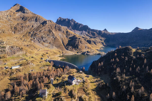 Aerial view of Laghi Gemelli, the dam and it's refuge. Branzi, Val Brembana, Alpi Orobie, Bergamo, Bergamo Province, Lombardy, Italy, Europe.