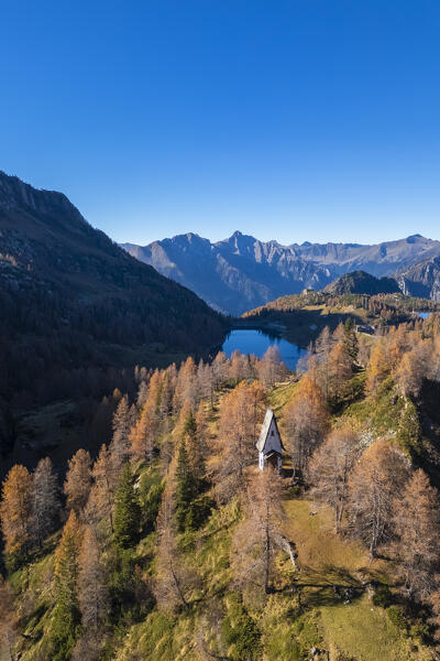 Aerial view of the small church near Laghi Gemelli refuge. Branzi, Val Brembana, Alpi Orobie, Bergamo, Bergamo Province, Lombardy, Italy, Europe.