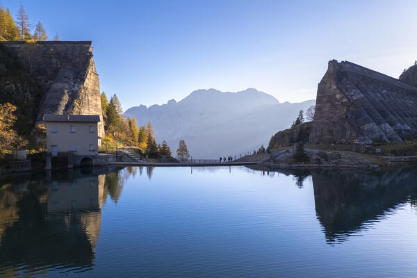 Aerial view of the ruins of the Gleno dam and Presolana mount. Pianezza, Vilminore di Scalve, Scalve Valley, Lombardy, Bergamo province, Italy.