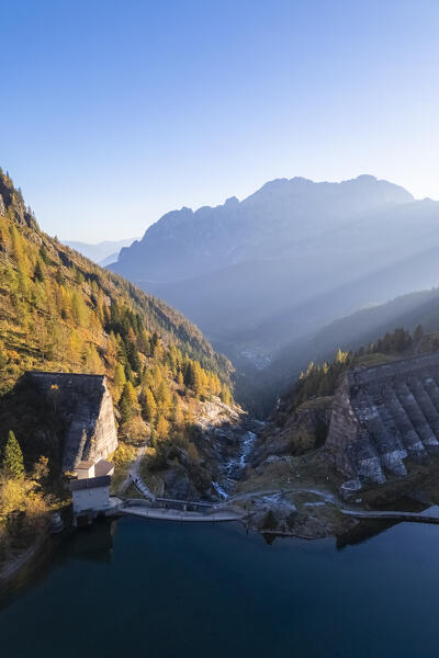 Aerial view of the ruins of the Gleno dam and Presolana mount. Pianezza, Vilminore di Scalve, Scalve Valley, Lombardy, Bergamo province, Italy.