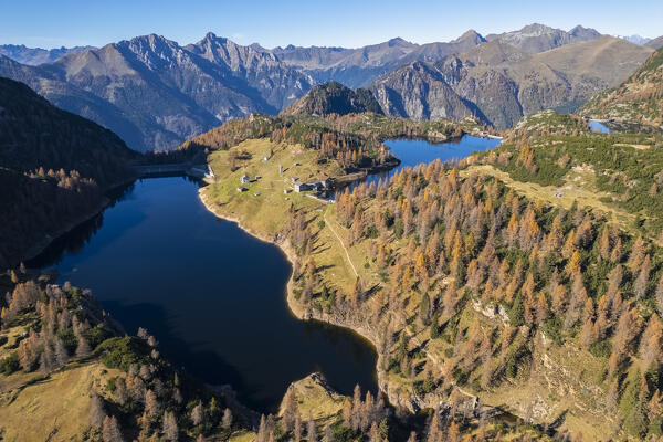 Aerial view of Lago Piano Casere, Lago Marcio and Lago del Becco in autumn. Branzi, Val Brembana, Alpi Orobie, Bergamo, Bergamo Province, Lombardy, Italy, Europe.