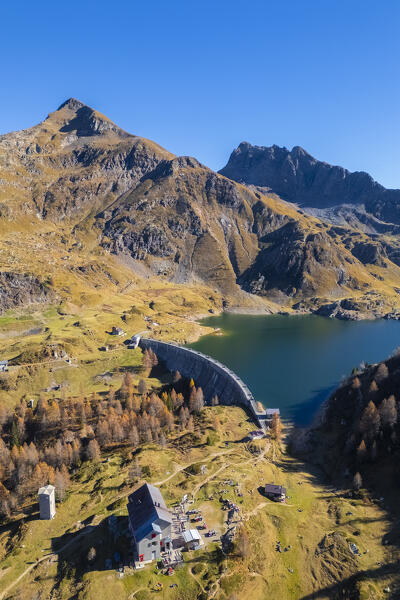 Aerial view of Laghi Gemelli, the dam and it's refuge. Branzi, Val Brembana, Alpi Orobie, Bergamo, Bergamo Province, Lombardy, Italy, Europe.