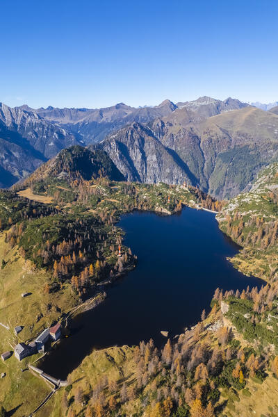 Aerial view of Lago Marcio in autumn. Branzi, Val Brembana, Alpi Orobie, Bergamo, Bergamo Province, Lombardy, Italy, Europe.