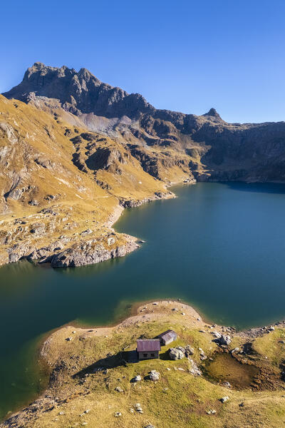 Aerial view of Laghi Gemelli in autumn. Branzi, Val Brembana, Alpi Orobie, Bergamo, Bergamo Province, Lombardy, Italy, Europe.