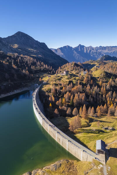 Aerial view of Laghi Gemelli, the dam and it's refuge. Branzi, Val Brembana, Alpi Orobie, Bergamo, Bergamo Province, Lombardy, Italy, Europe.