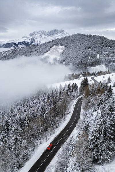 Aerial view of Colle Vareno and Presolana in winter after a snowfall. Val Seriana, Bergamo district, Lombardy, Italy.