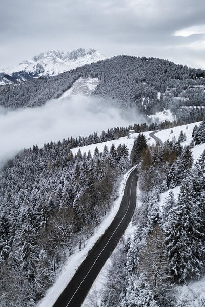 Aerial view of Colle Vareno and Presolana in winter after a snowfall. Val Seriana, Bergamo district, Lombardy, Italy.
