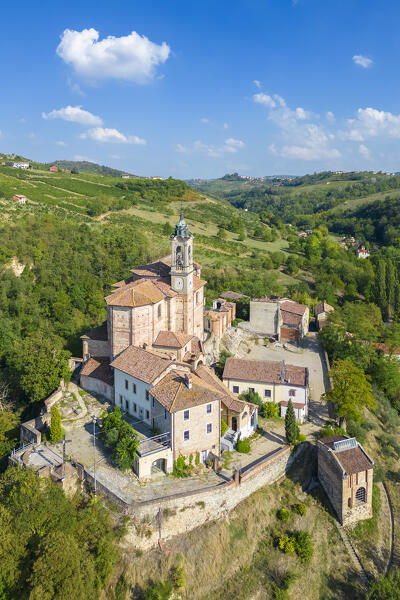 Aerial view of the Santuario della Passione or Santuario Santa Maria with the sacred mount. Torricella Verzate, Oltrepo Pavese, Pavia district, Lombardy, Italy.