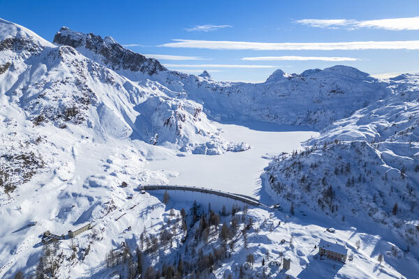 Aerial view of Laghi Gemelli, the dam and it's refuge. Branzi, Val Brembana, Alpi Orobie, Bergamo, Bergamo Province, Lombardy, Italy, Europe.