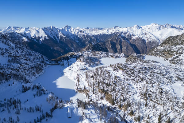 Aerial view of Lago Piano Casere, Lago Marcio and Lago del Becco in winter. Branzi, Val Brembana, Alpi Orobie, Bergamo, Bergamo Province, Lombardy, Italy, Europe.