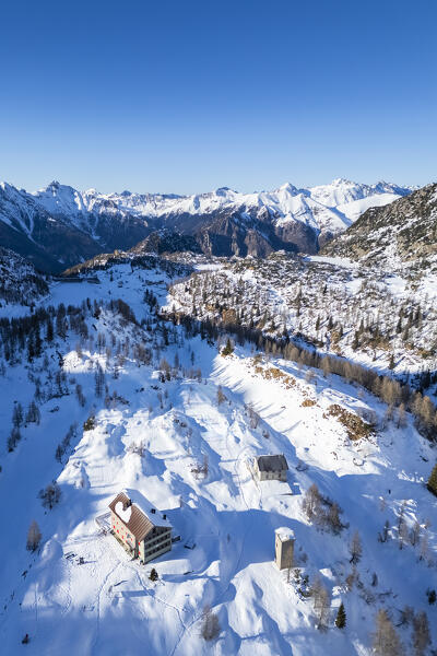 Aerial view of Laghi Gemelli refuge in winter. Branzi, Val Brembana, Alpi Orobie, Bergamo, Bergamo Province, Lombardy, Italy, Europe.