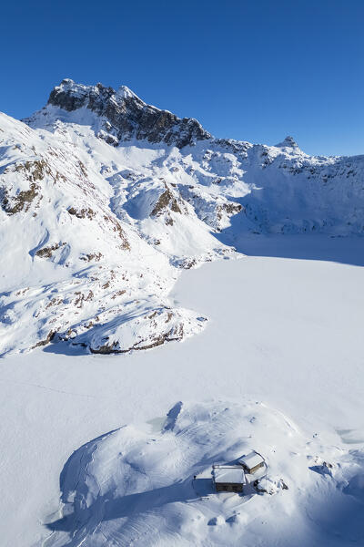 Aerial view of Laghi Gemelli in winter. Branzi, Val Brembana, Alpi Orobie, Bergamo, Bergamo Province, Lombardy, Italy, Europe.