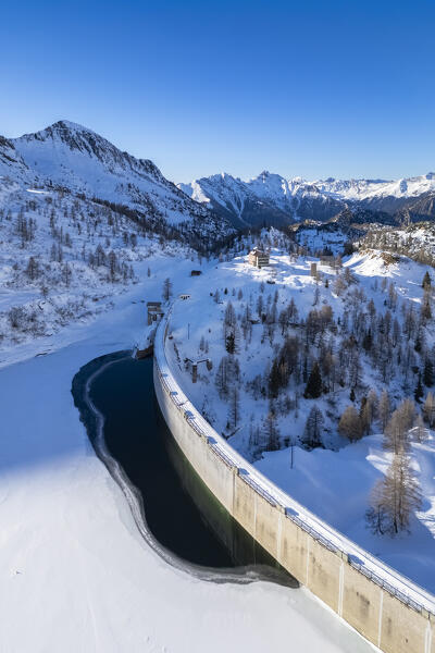 Aerial view of Laghi Gemelli, the dam and it's refuge. Branzi, Val Brembana, Alpi Orobie, Bergamo, Bergamo Province, Lombardy, Italy, Europe.