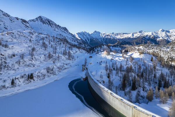 Aerial view of Laghi Gemelli, the dam and it's refuge. Branzi, Val Brembana, Alpi Orobie, Bergamo, Bergamo Province, Lombardy, Italy, Europe.