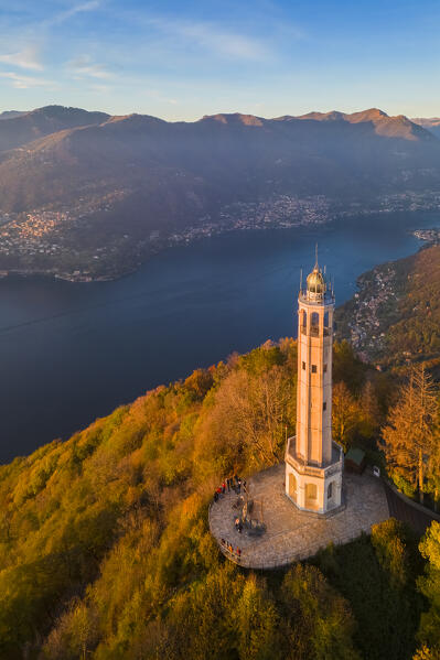 Aerial view of the Faro Voltiano (Volta Lighthouse) of Brunate overlooking Como and Como Lake in autumn. Brunate, Province of Como, Lombardy, Italy, Europe.