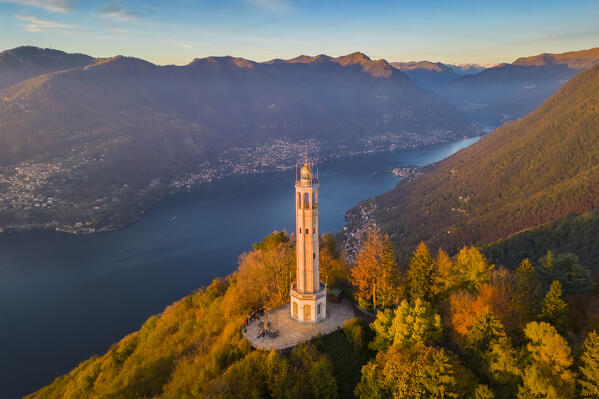 Aerial view of the Faro Voltiano (Volta Lighthouse) of Brunate overlooking Como and Como Lake in autumn. Brunate, Province of Como, Lombardy, Italy, Europe.
