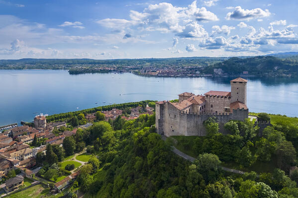 View of the fortress called Rocca di Angera during summer. Angera, Lake Maggiore, Varese district, Lombardy, Italy.
