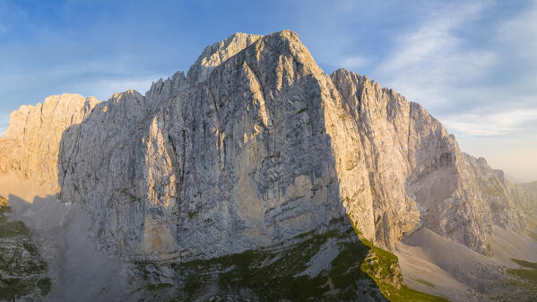 Aerial view of north corner of the Presolana at sunset. Val di Scalve, Bergamo district, Lombardy, Italy, Southern Europe.