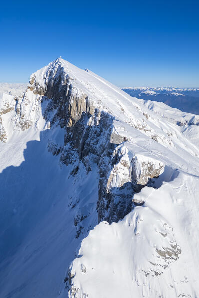 Aerial view of the top Pizzo Arera in winter covered in snow. Val Serina, Zambla Alta, Bergamo district, Lombardy, Italy, Southern Europe.