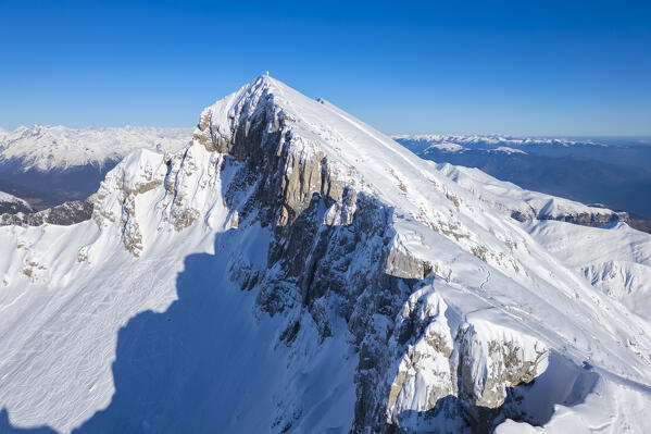 Aerial view of the top Pizzo Arera in winter covered in snow. Val Serina, Zambla Alta, Bergamo district, Lombardy, Italy, Southern Europe.
