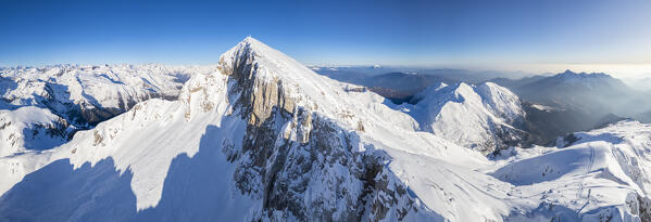 Aerial view of the top Pizzo Arera in winter covered in snow. Val Serina, Zambla Alta, Bergamo district, Lombardy, Italy, Southern Europe.