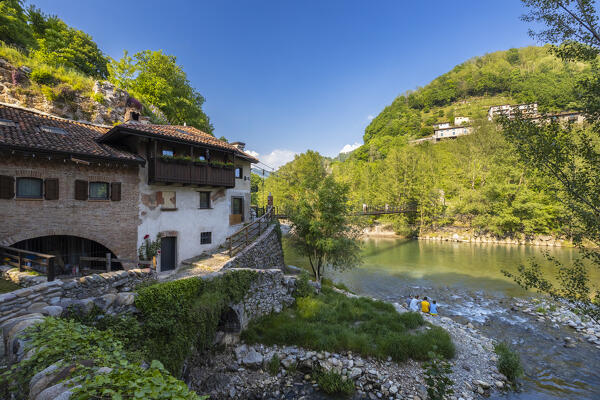 View of the old port of Ubiale Clanezzo on the river Brembo. Ubiale Clanezzo, Bergamo province, Brembana valley, Lombardy, Italy, Europe.