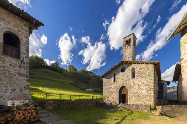 View of the old village of Cornello dei Tasso in spring. Camerata Cornello, Bergamo province, Brembana valley, Lombardy, Italy, Europe.